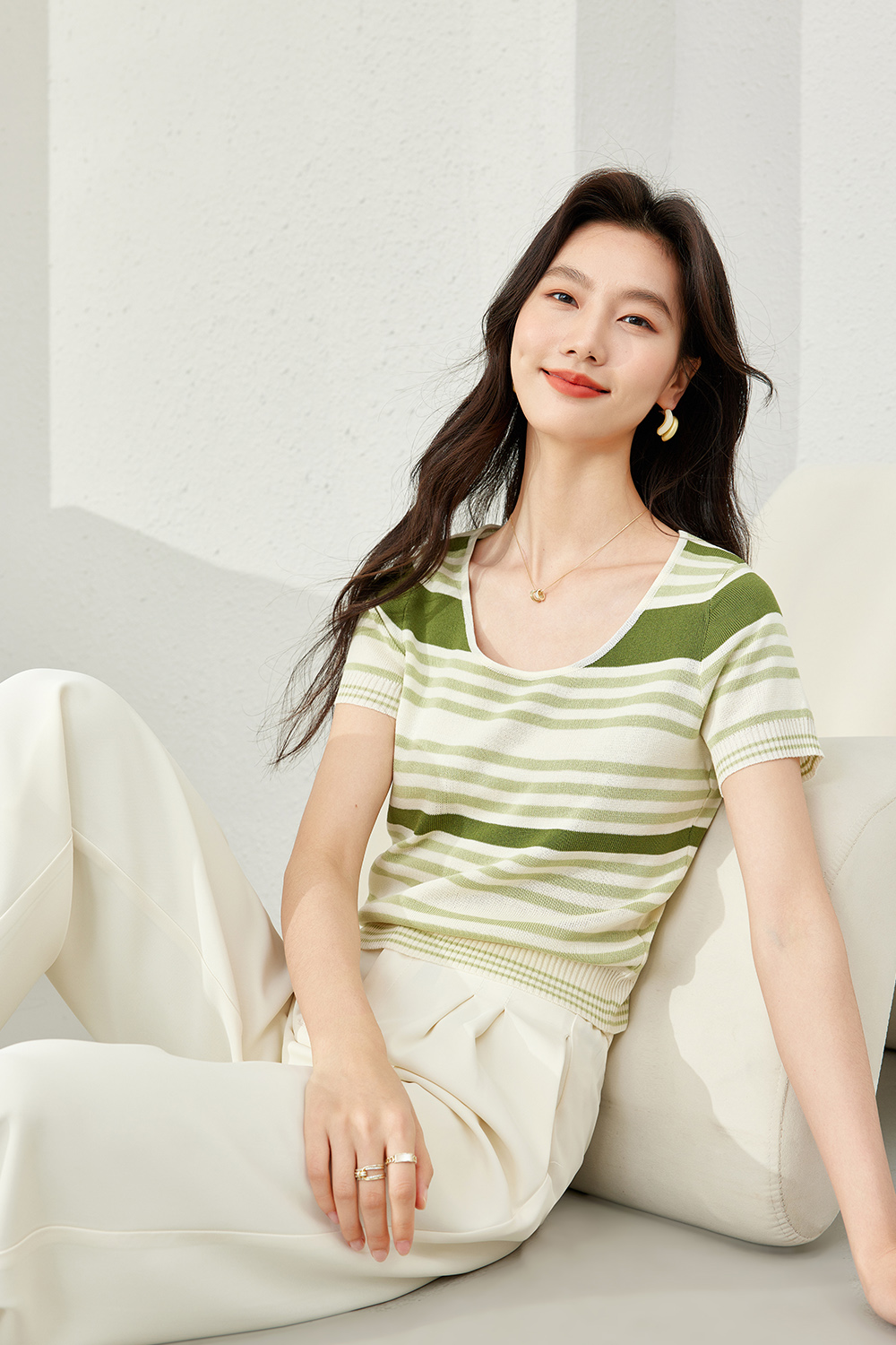 White And Green Striped Sweater-VIMLYSTORE