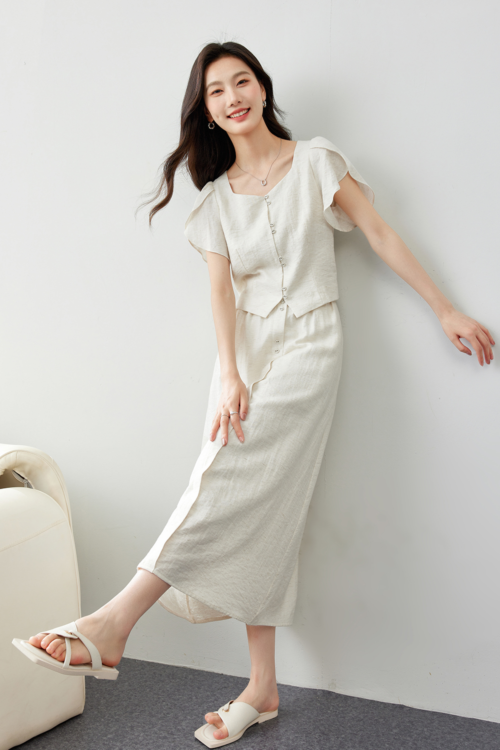 Square Neck Lace Sleeve Suit
