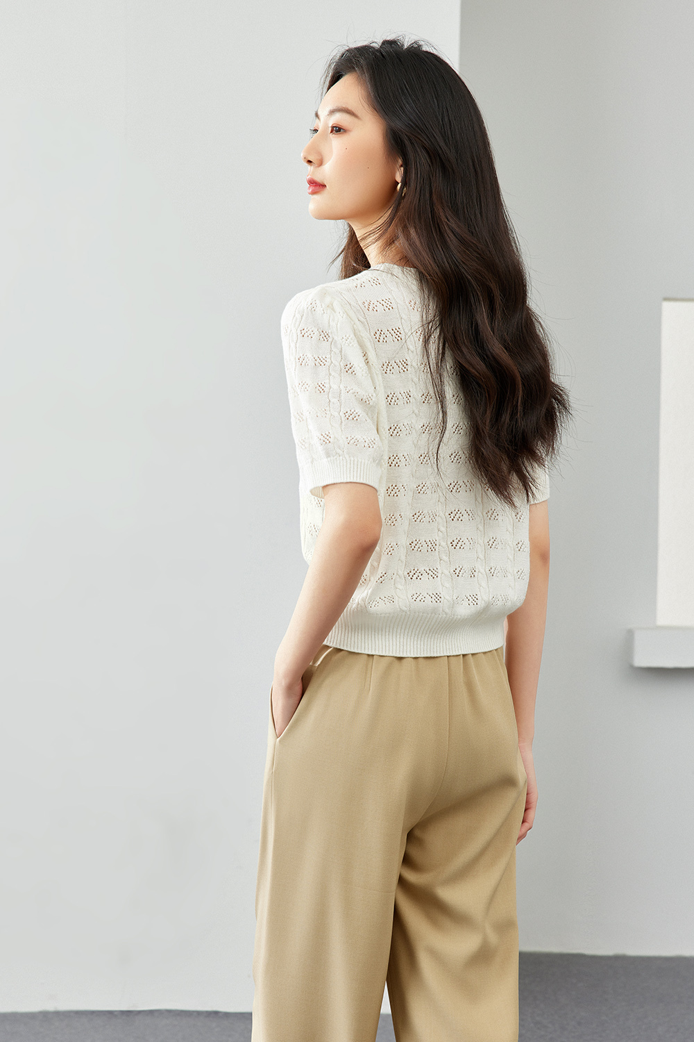 French Hollow Solid Color Knit Sweater