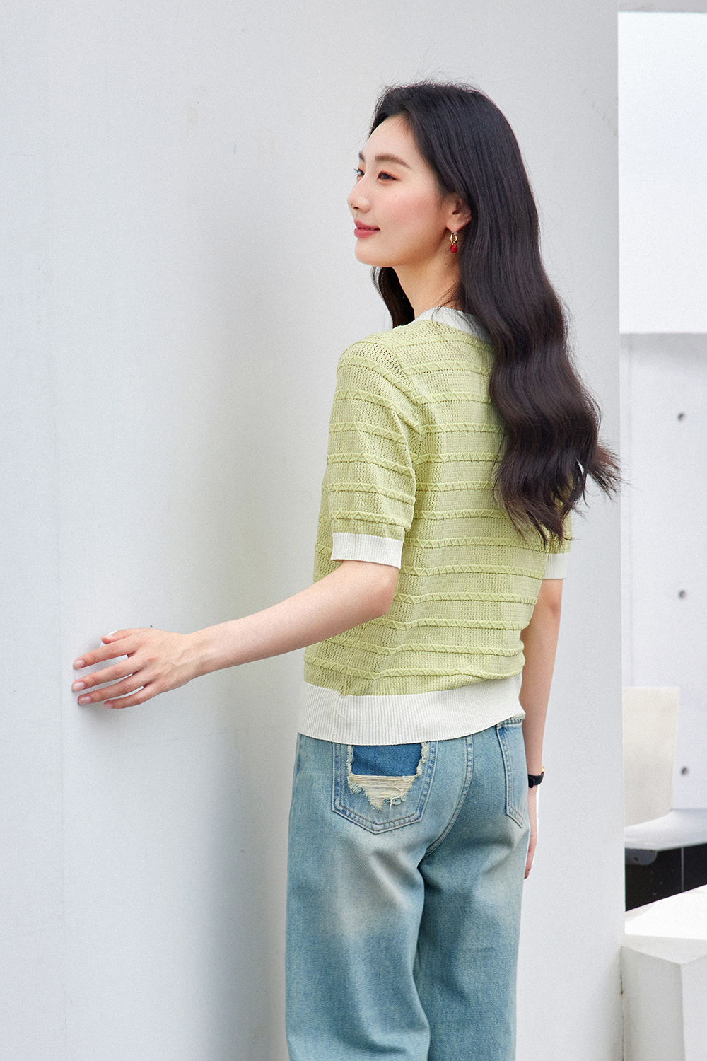 Color-Block French Textured Knit Cardigan