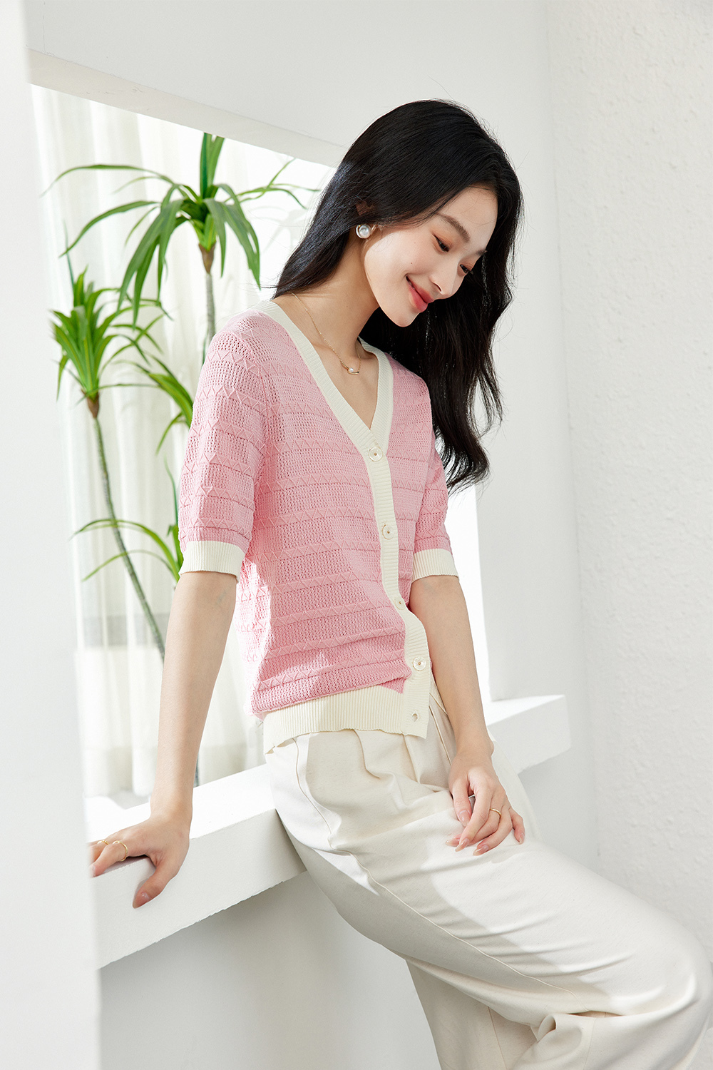 Color-Block French Textured Knit Cardigan