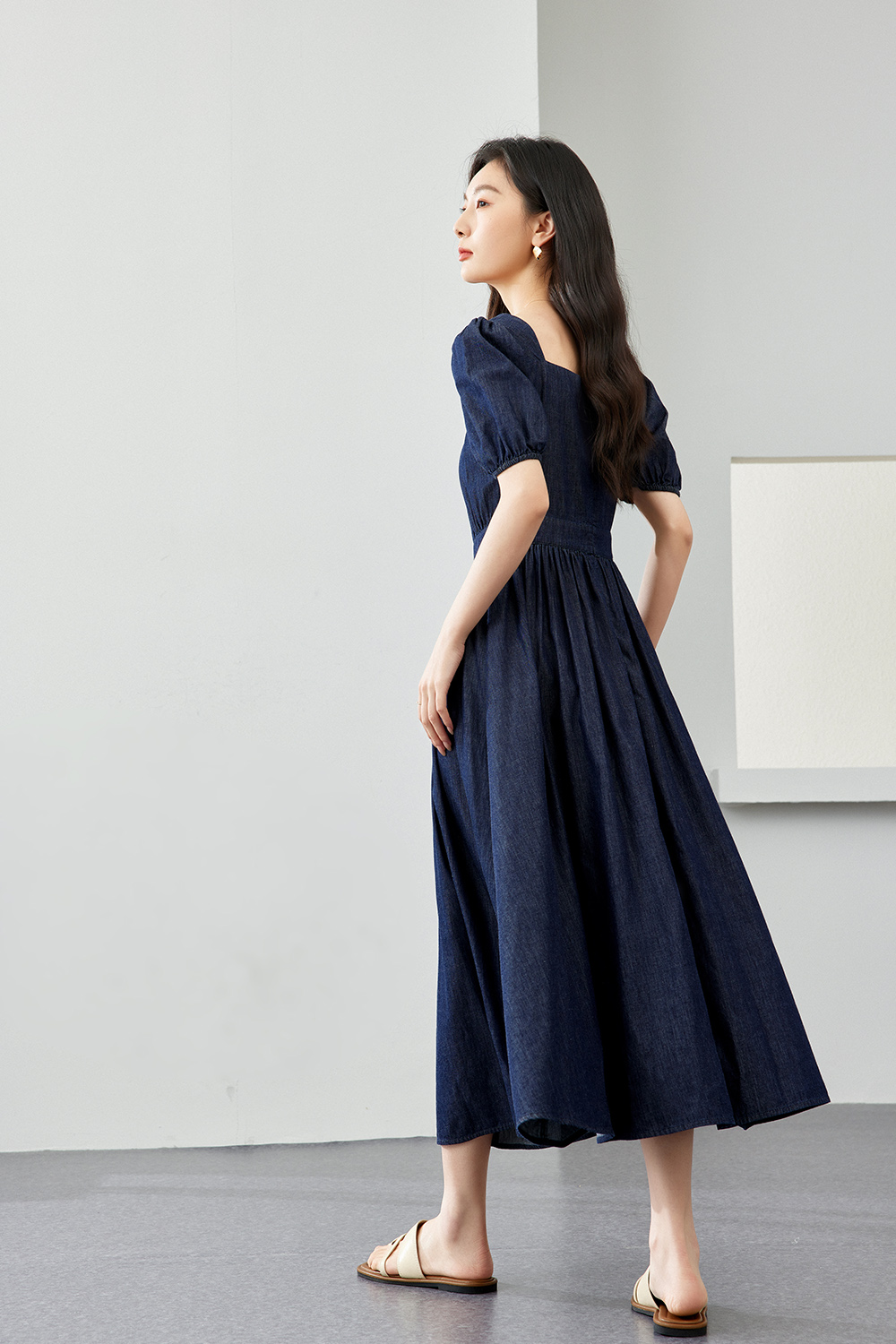 Retro Square Neck Denim Dress