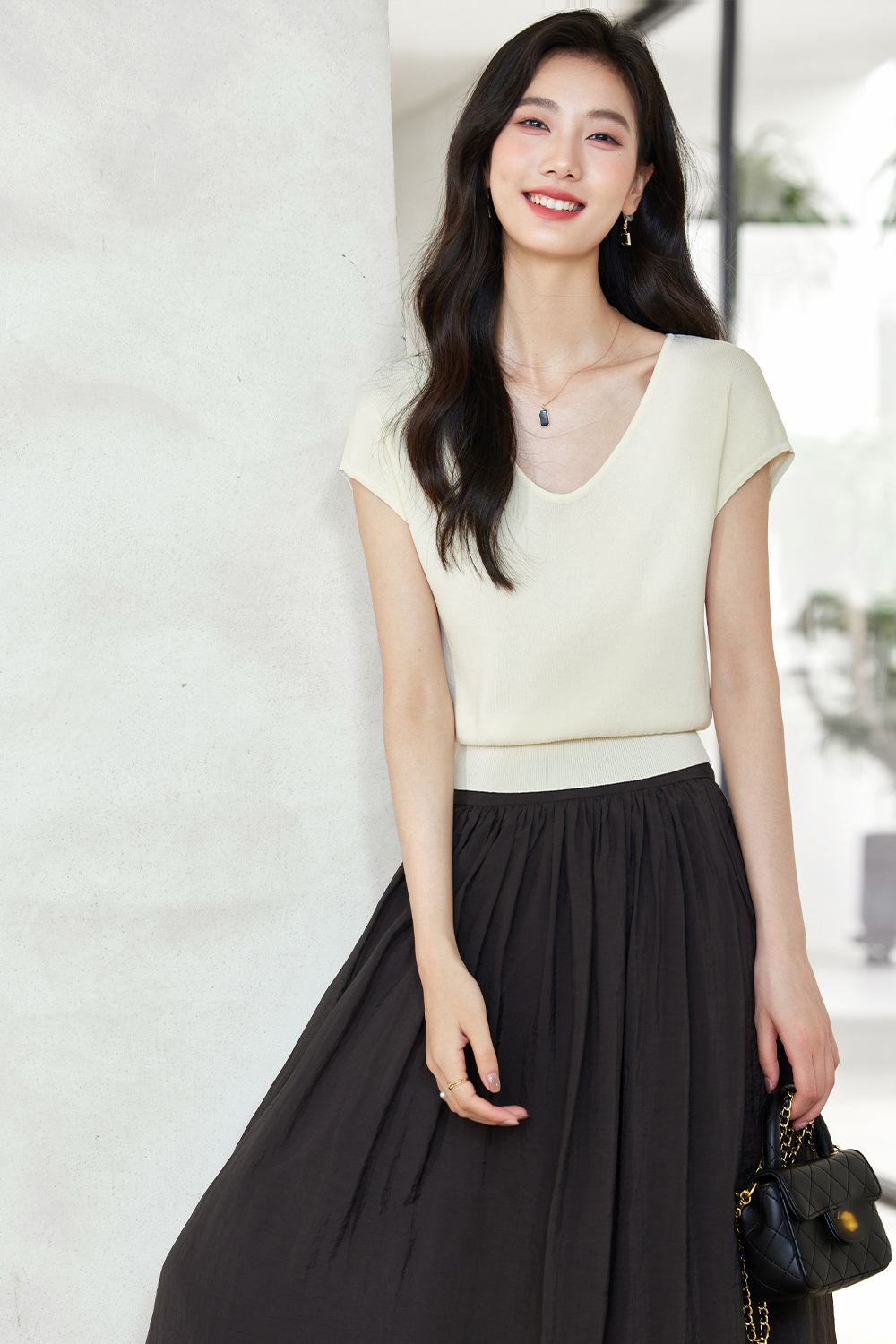 Waist-Cinched Hollowed-Out Knitted Sweater