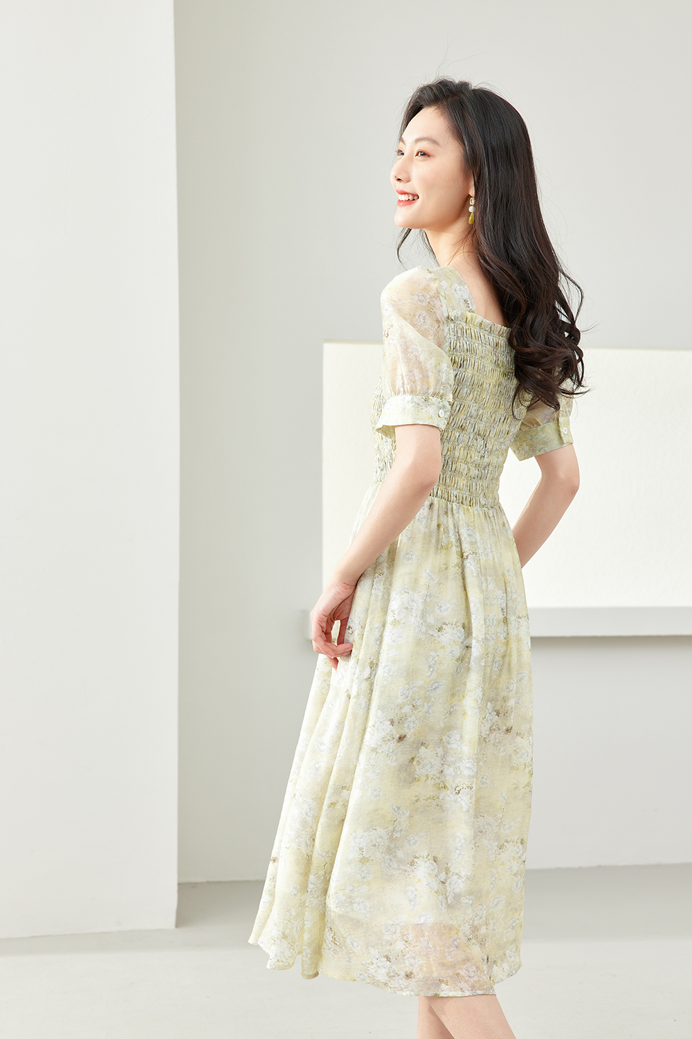 Floral Lyocell Square-Neck Dress