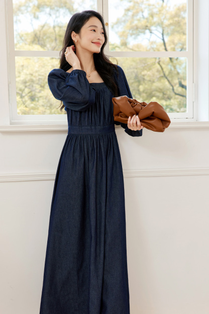 French Square-Neck Denim Dress