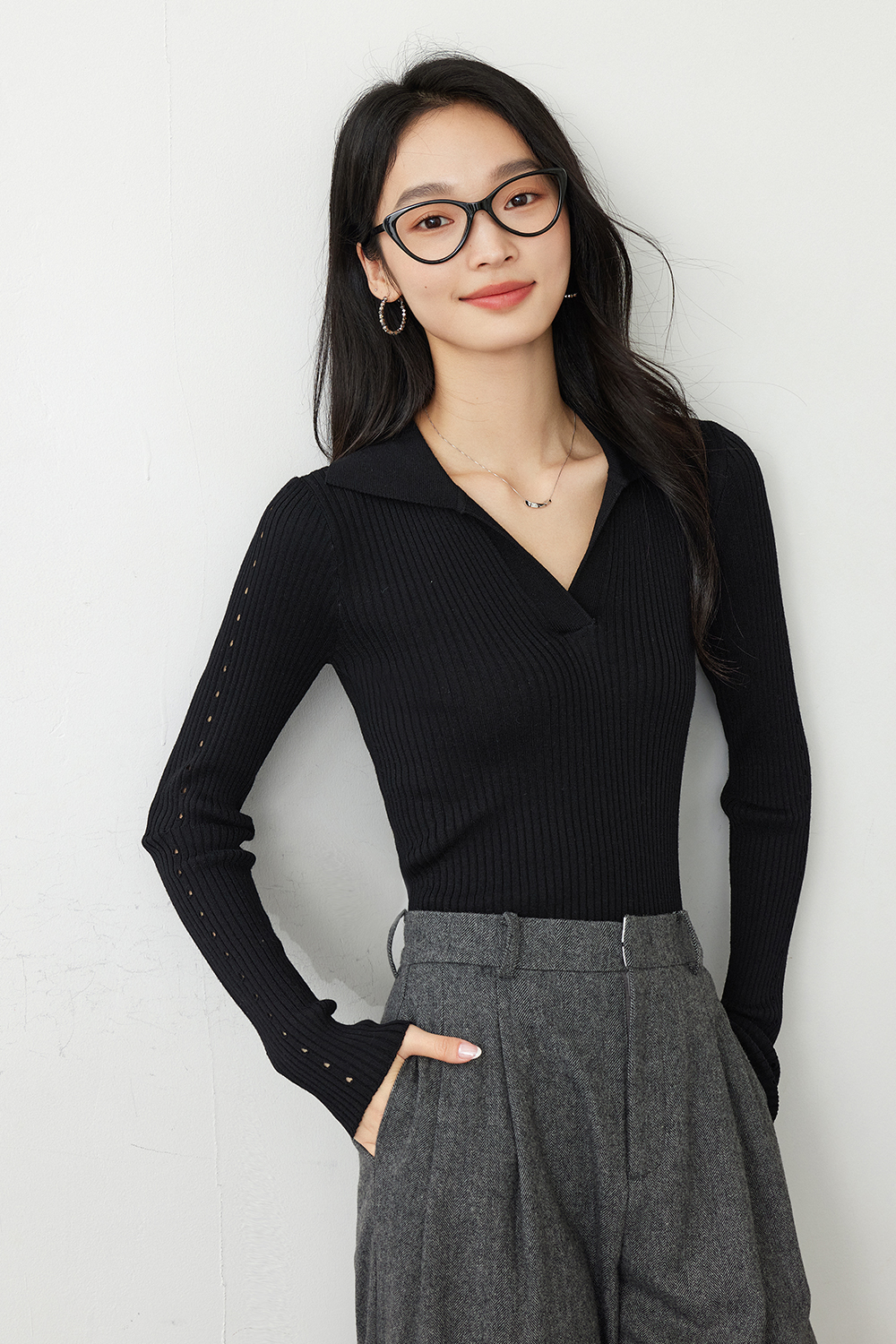 Polo collar commuting knitted sweater