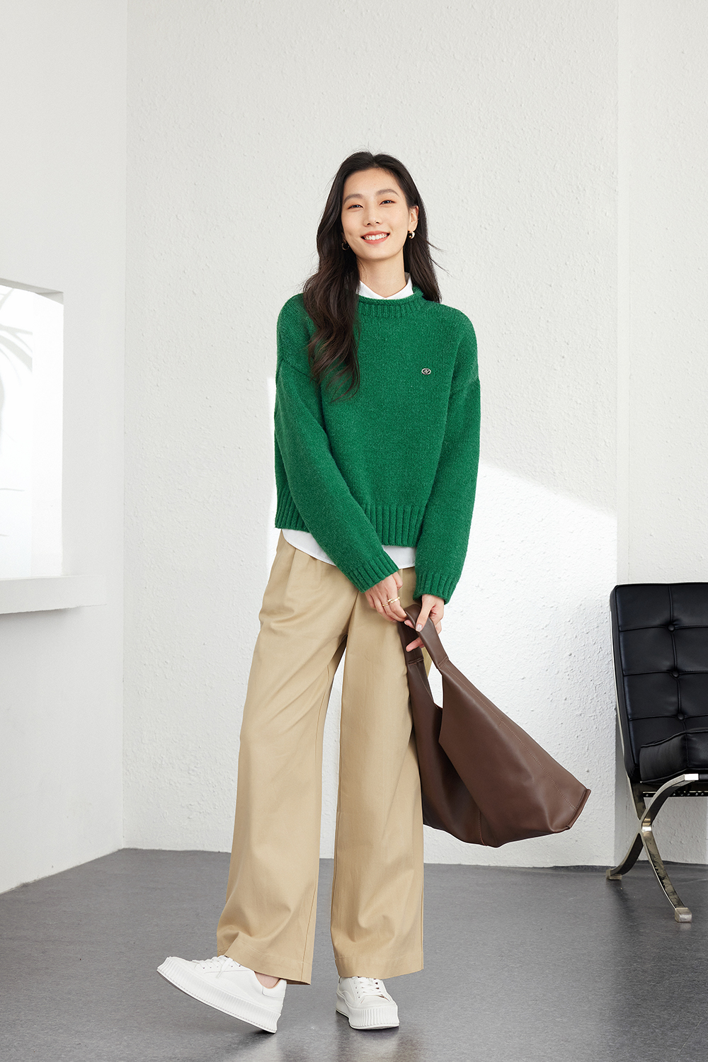 Rolled Hem Semi-High Neck Knitted Sweater-VIMLYSTORE