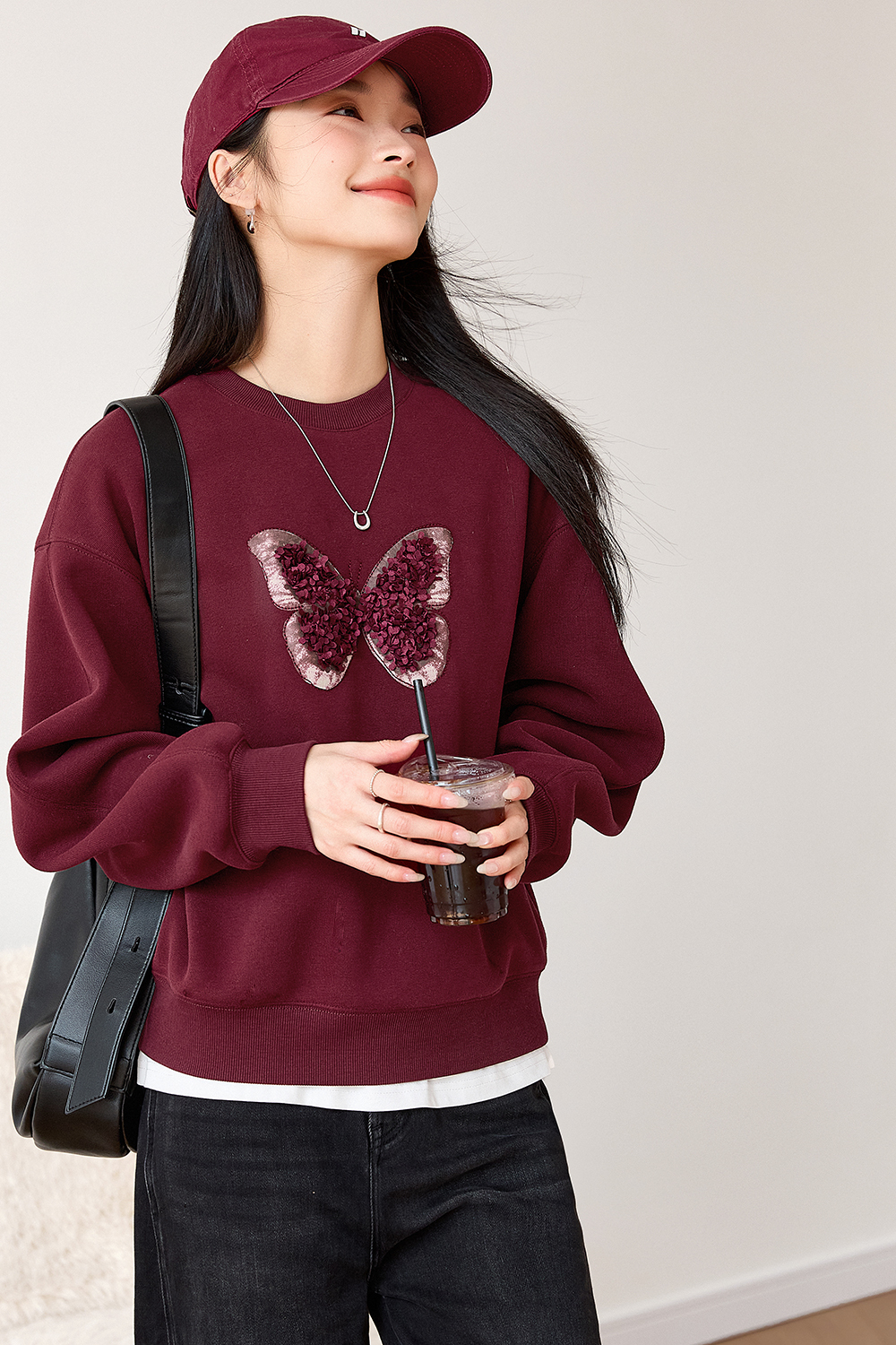 Butterfly Embroidered Fleece-Lined Sweatshirt-VIMLYSTORE