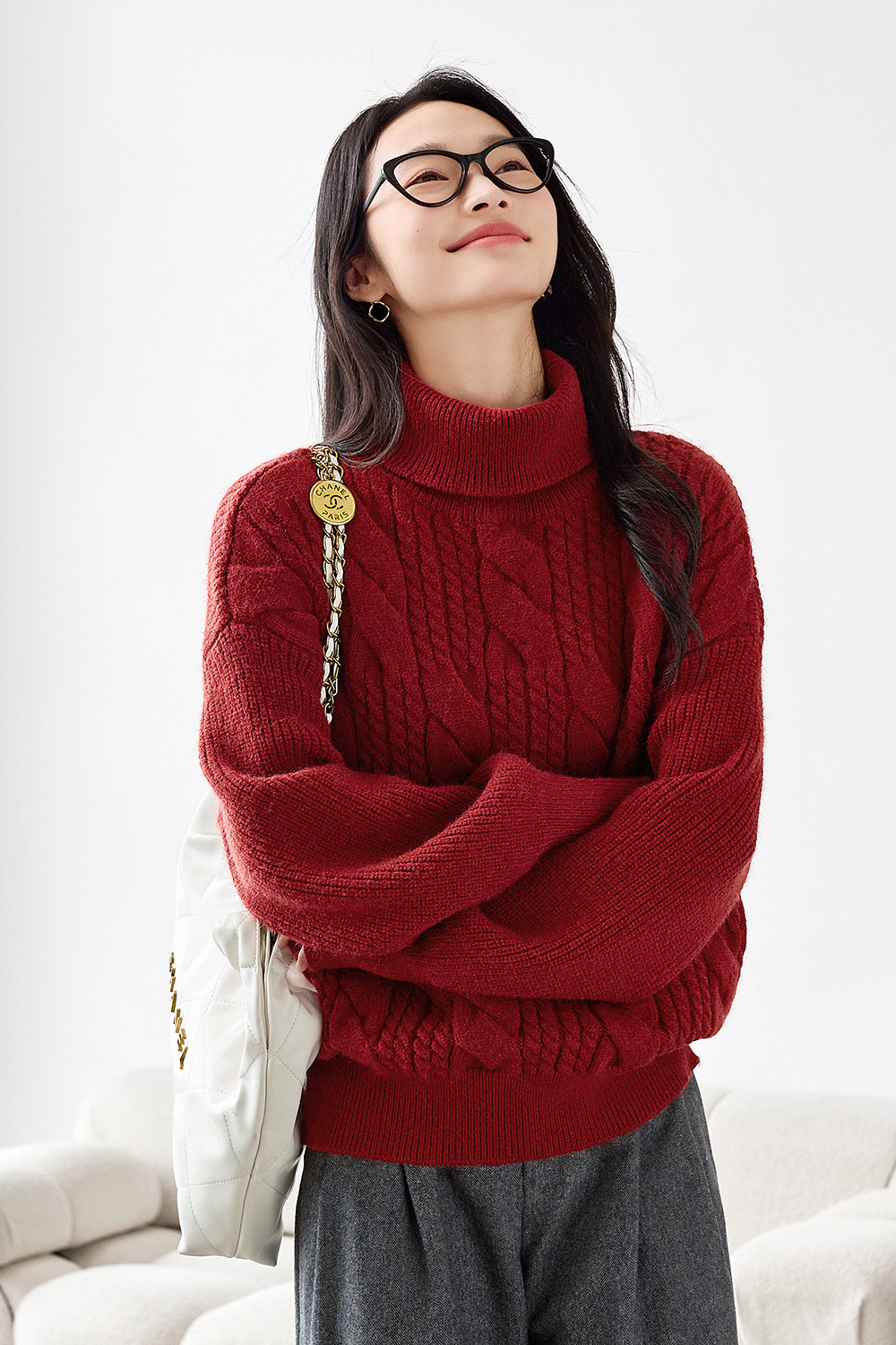 High neck cable design knitted sweater-VIMLYSTORE