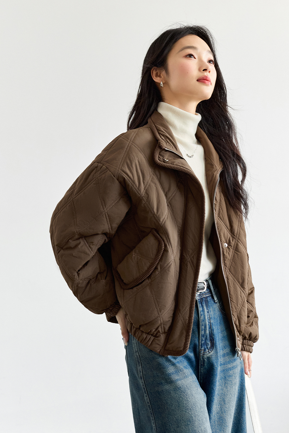 Stand-up collar diamond-quilted cotton-padded jacket-VIMLYSTORE