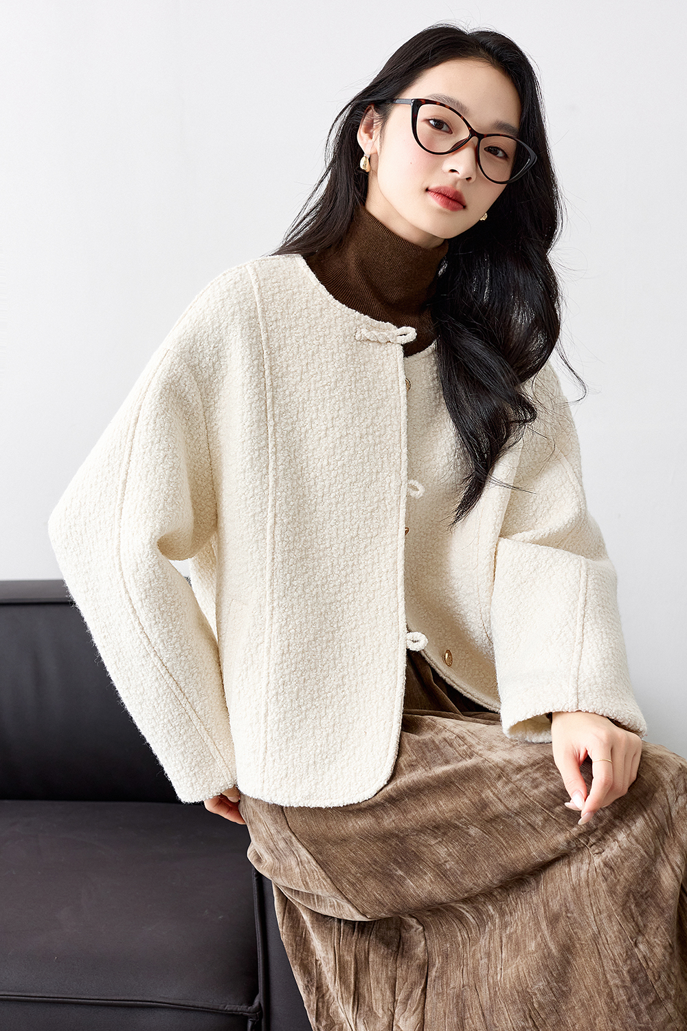 Buttoned Design Tweed Short-length Coat-VIMLYSTORE