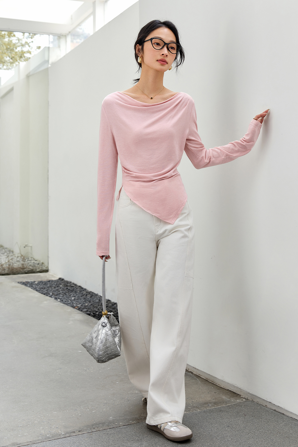 Natural Pleated Solid Color T-Shirt-VIMLYSTORE