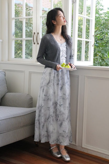 Knitted Cardigan And Floral Long Skirt Combination