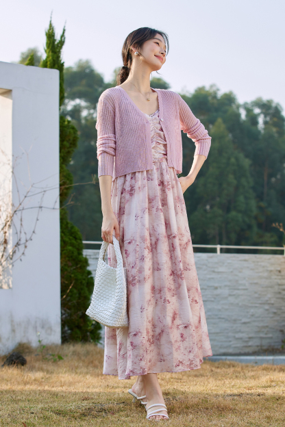 Knitted Cardigan And Floral Long Skirt Combination