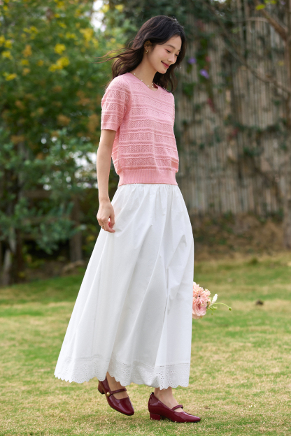 Lace-Edged White Long Skirt