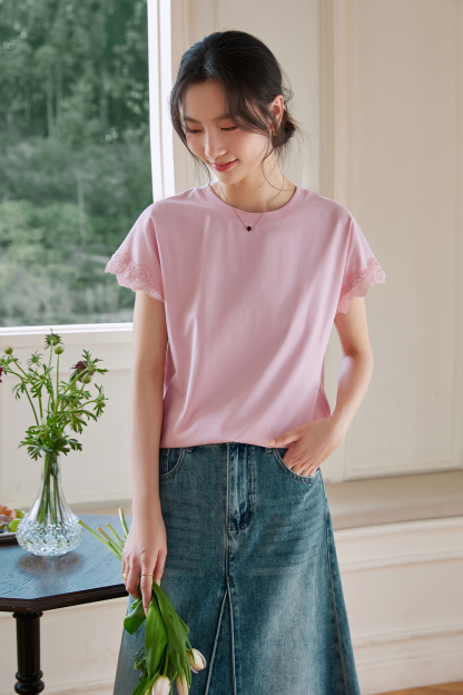 Lace Decoration Solid Color T-Shirt