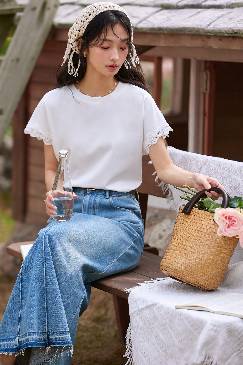 Lace Decoration Solid Color T-Shirt