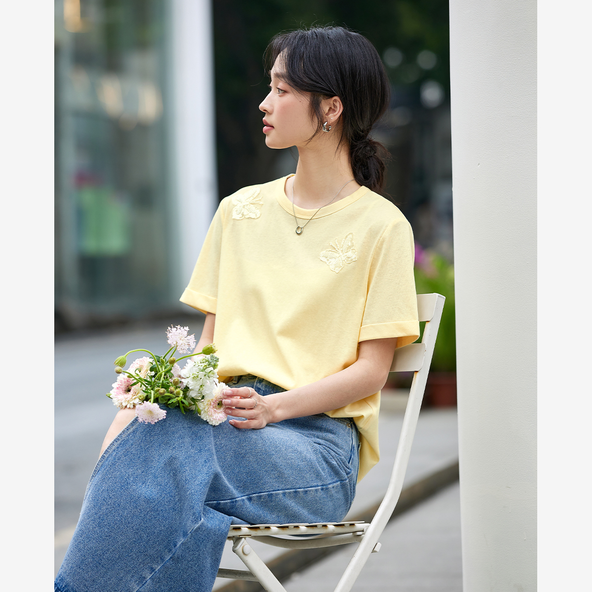 Lace Butterfly Solid Color T-Shirt