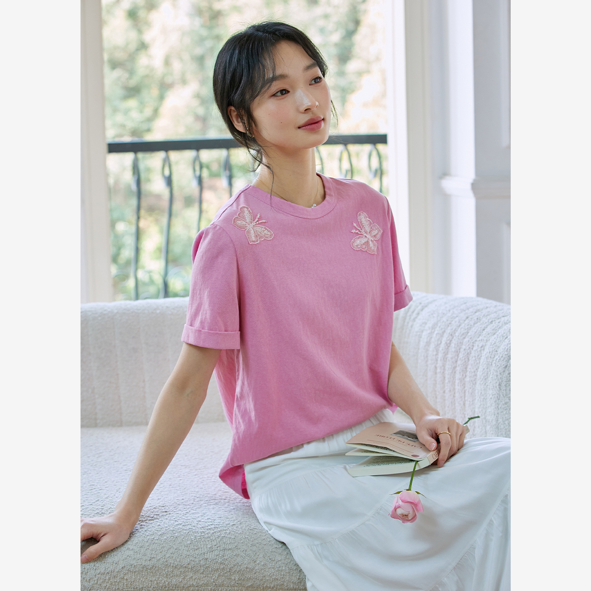 Lace Butterfly Solid Color T-Shirt
