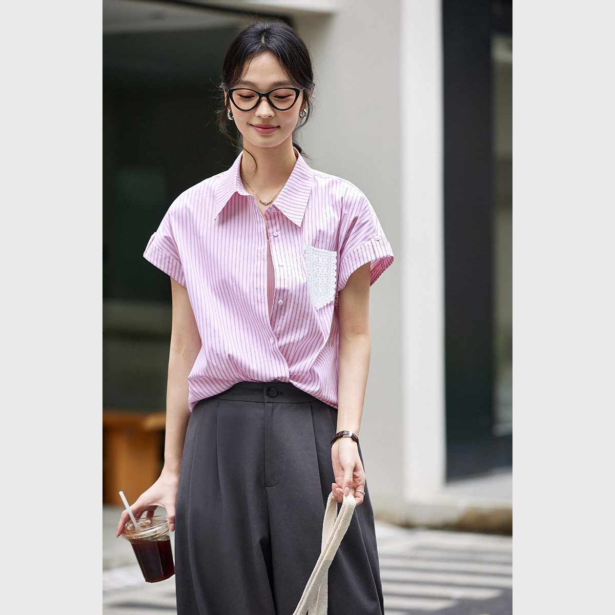 Lace Pocket Striped Shirt