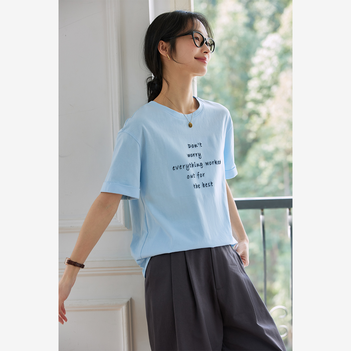 Letter Embroidered Round Neck T-Shirt