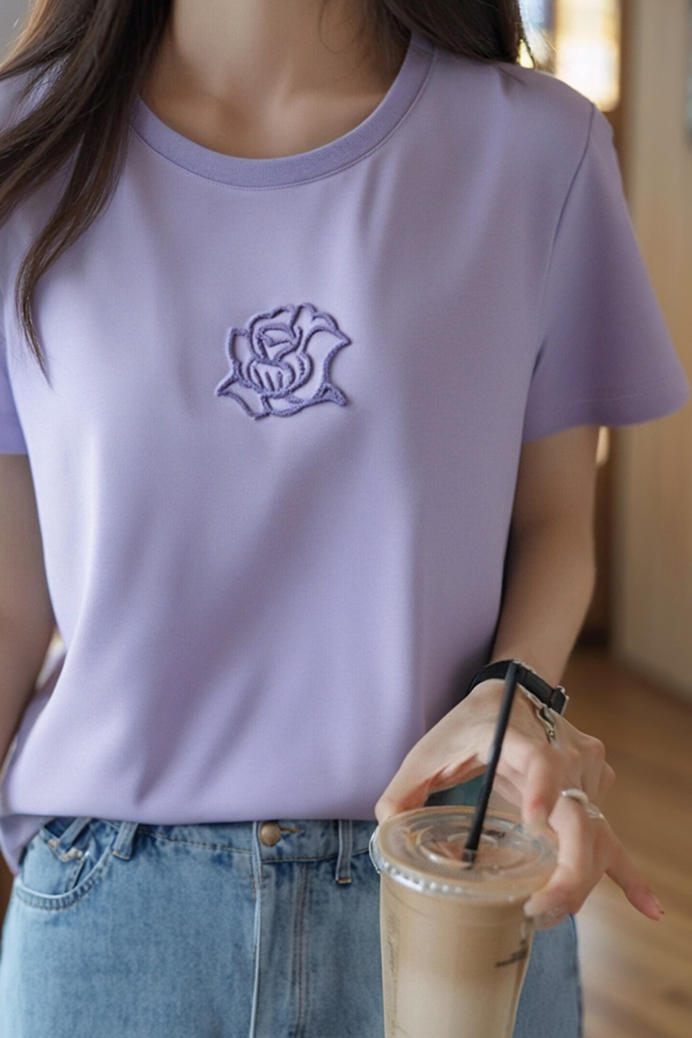 Toothbrush Embroidered Flower Design Loose T-Shirt