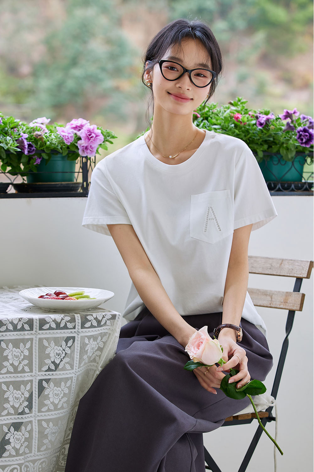 Hollow A Letter Embroidered T-Shirt