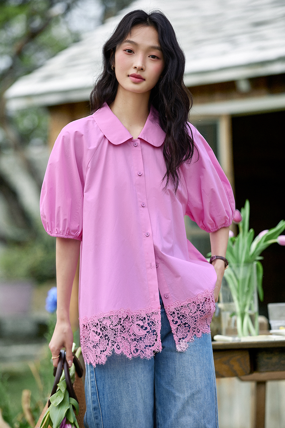 Lace Hem Casual Shirt-VIMLYSTORE