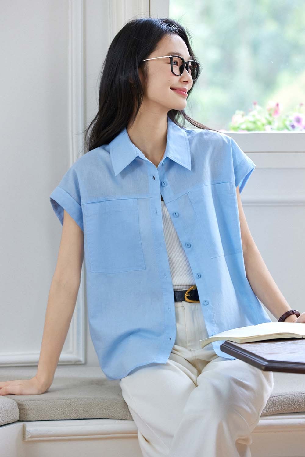 Cotton And Linen Blend Straight Shirt
