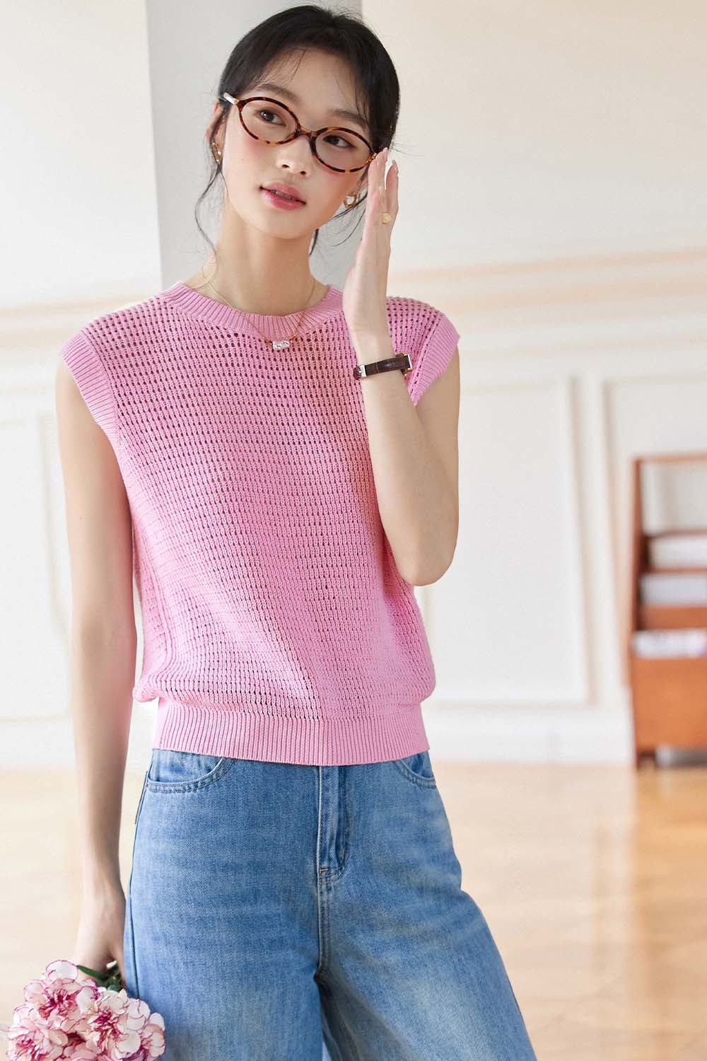 100% Cotton Minimalist Style Hollow Sweater