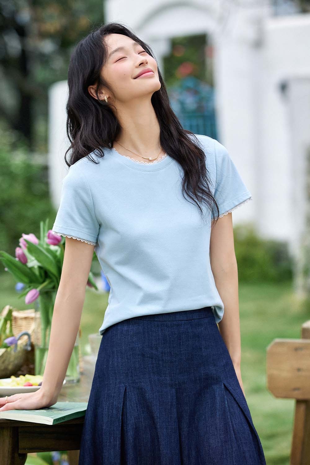 Paneled Round Neck Straight T-Shirt