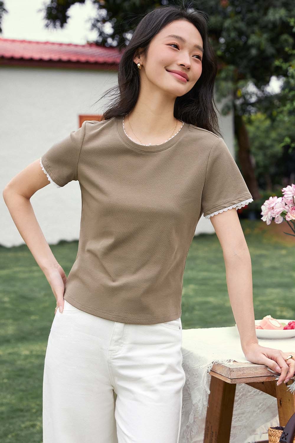 Paneled Round Neck Straight T-Shirt