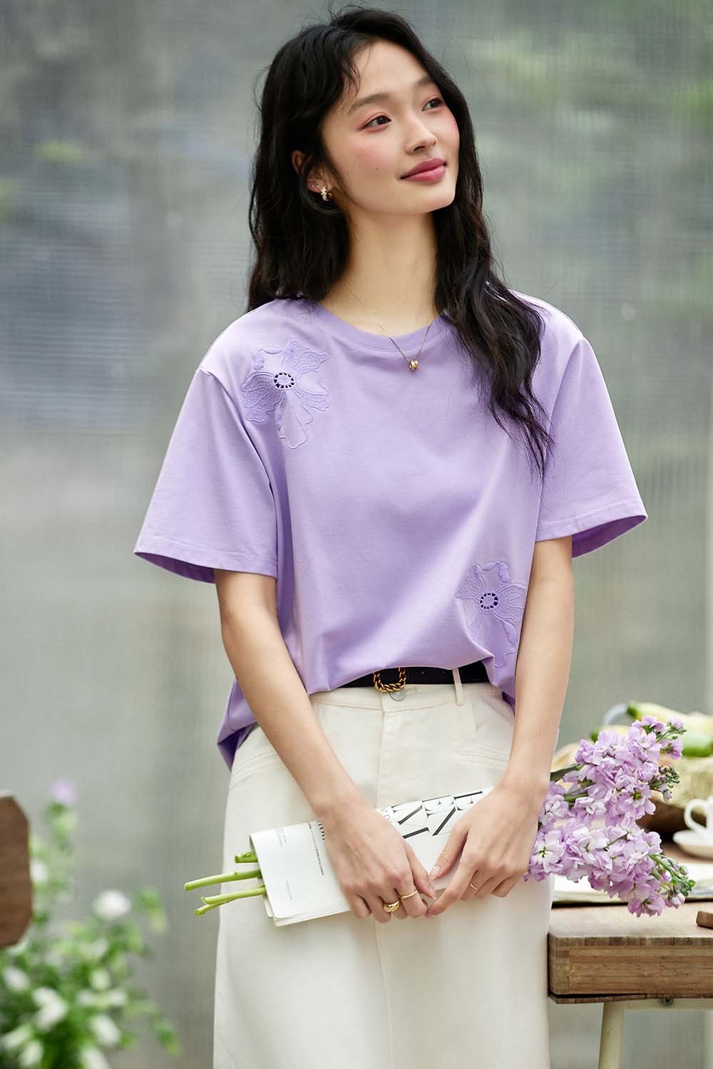 Hollow Flower Embroidery Straight T-Shirt-VIMLYSTORE