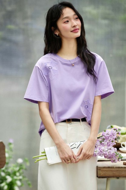 Hollow Flower Embroidery Straight T-Shirt-VIMLYSTORE