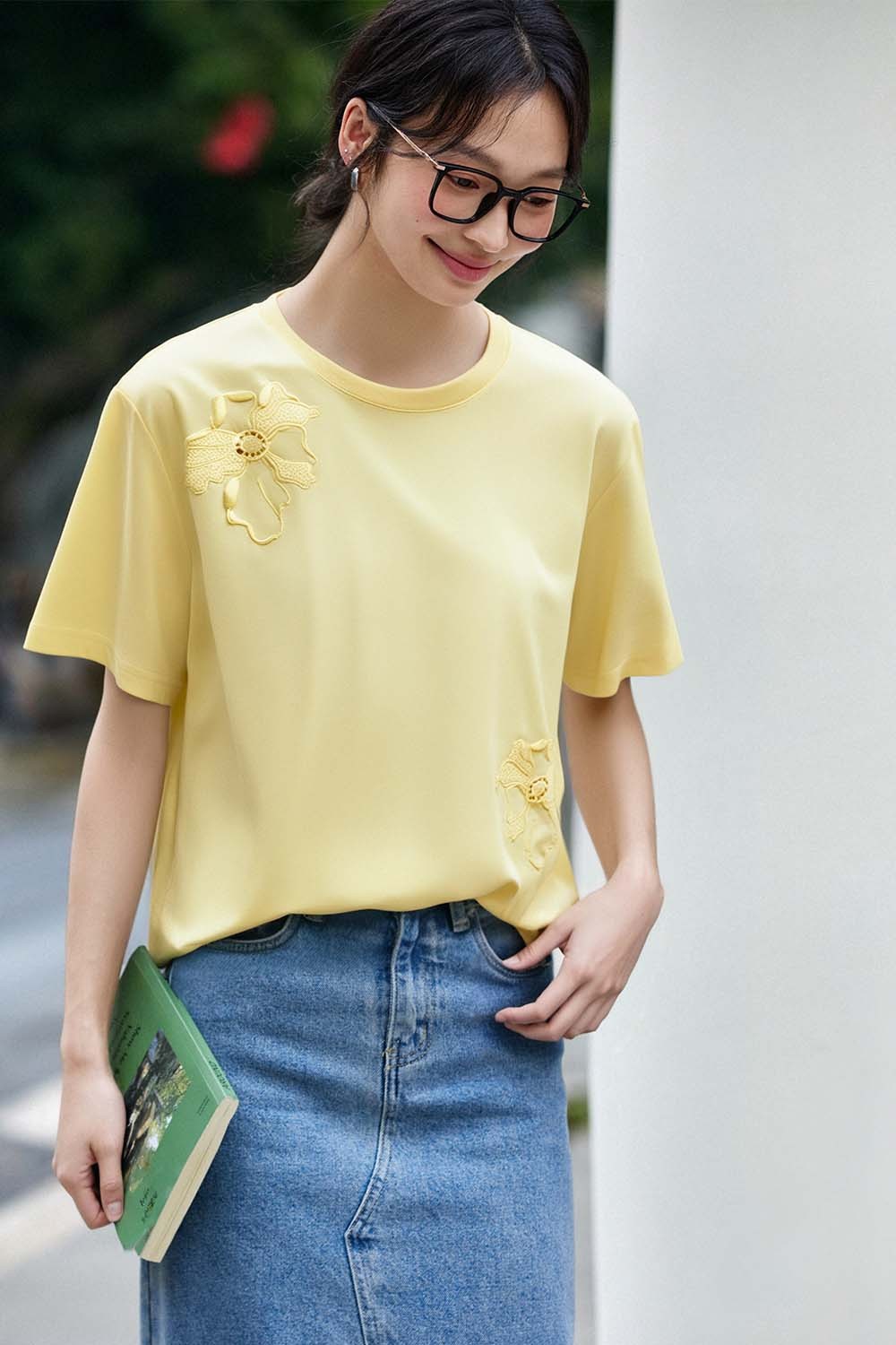 Hollow Flower Embroidery Straight T-Shirt-VIMLYSTORE