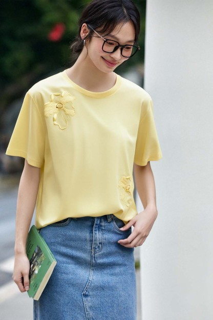 Hollow Flower Embroidery Straight T-Shirt-VIMLYSTORE