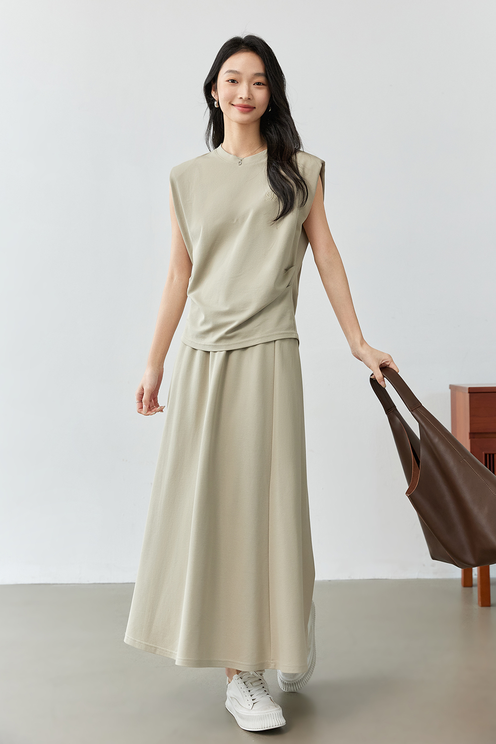 Round Neck Embroidered Top with A-Line Skirt Set