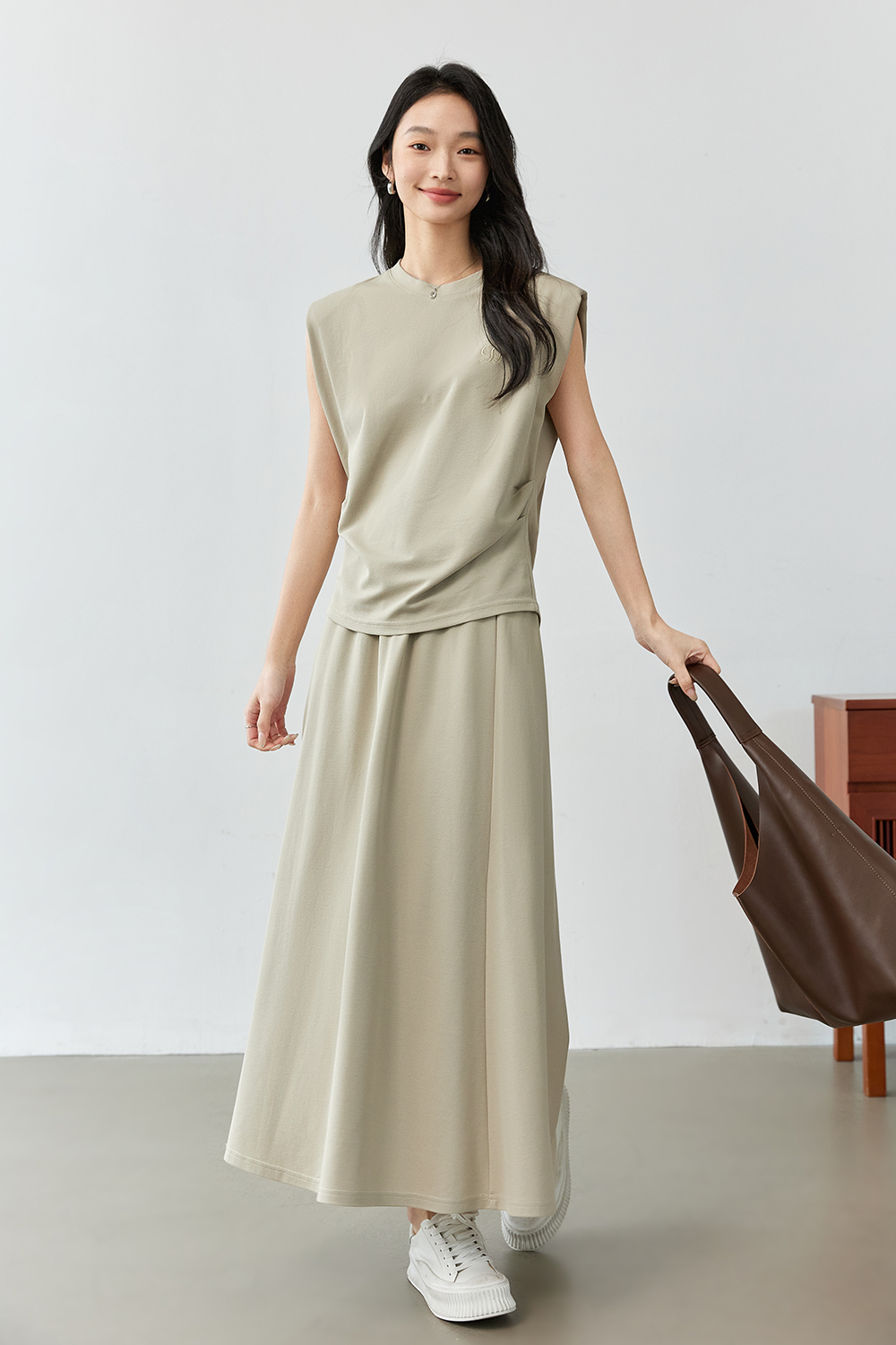 Round Neck Embroidered Top with A-Line Skirt Set