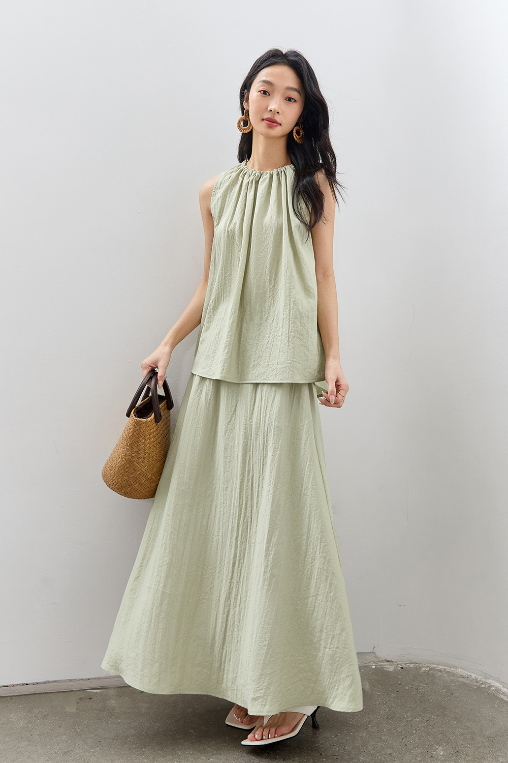 French-Casual Round Neck Sleeveless Top with Flowy Skirt Set-VIMLYSTORE