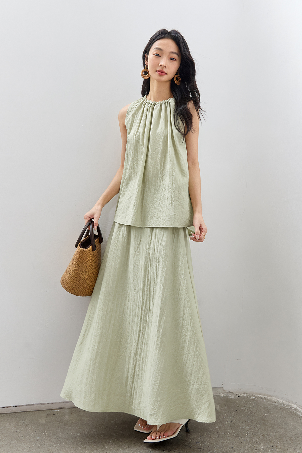 French-Casual Round Neck Sleeveless Top with Flowy Skirt Set-VIMLYSTORE