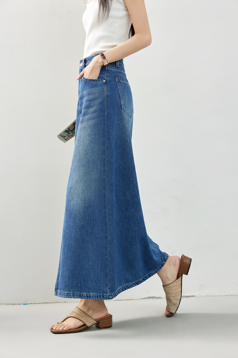 High-Waist A-Line Denim Skirt with Retro Slit Detail-VIMLYSTORE