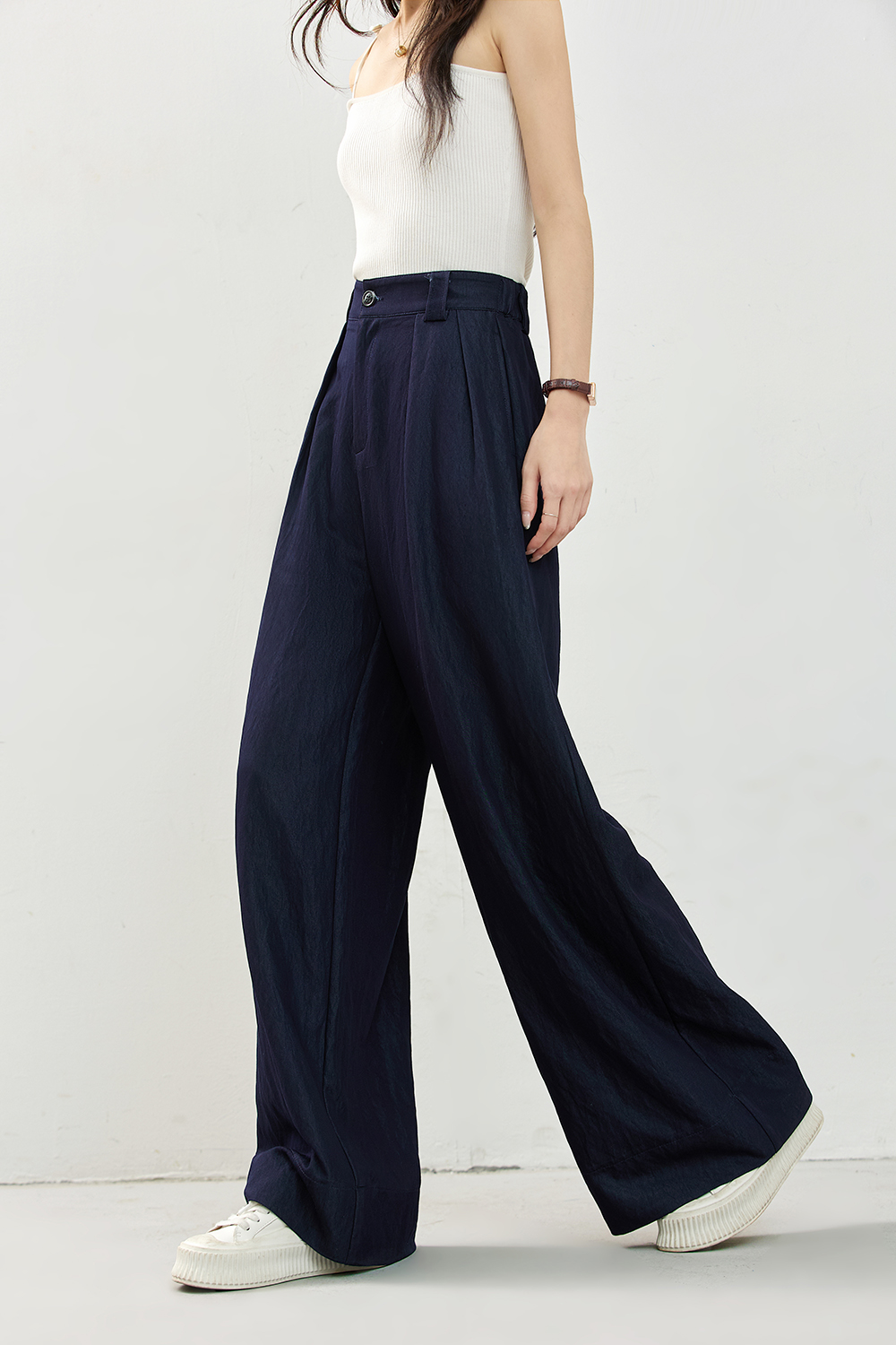 Navy Elastic-Waist Lightweight Wide-Leg Pants-VIMLYSTORE