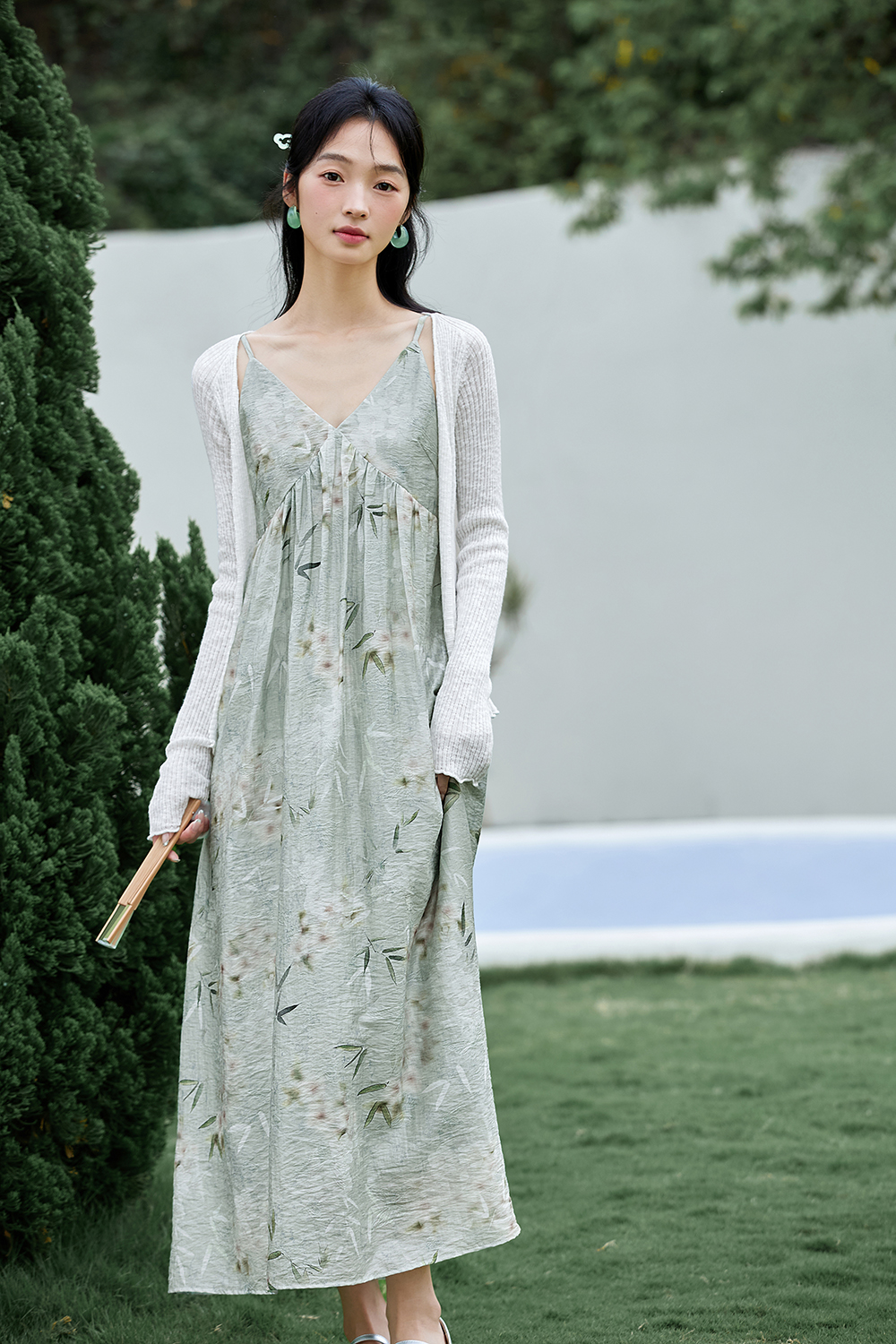 Contemporary Chinese V-Neck Lyocell Slip A-Line Maxi Dress-VIMLYSTORE