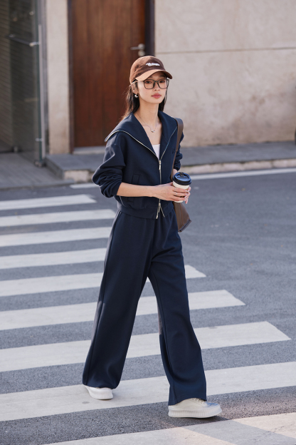 Navy Breton-Stripe Peplum Top & Wide-Leg Pants Set-VIMLYSTORE