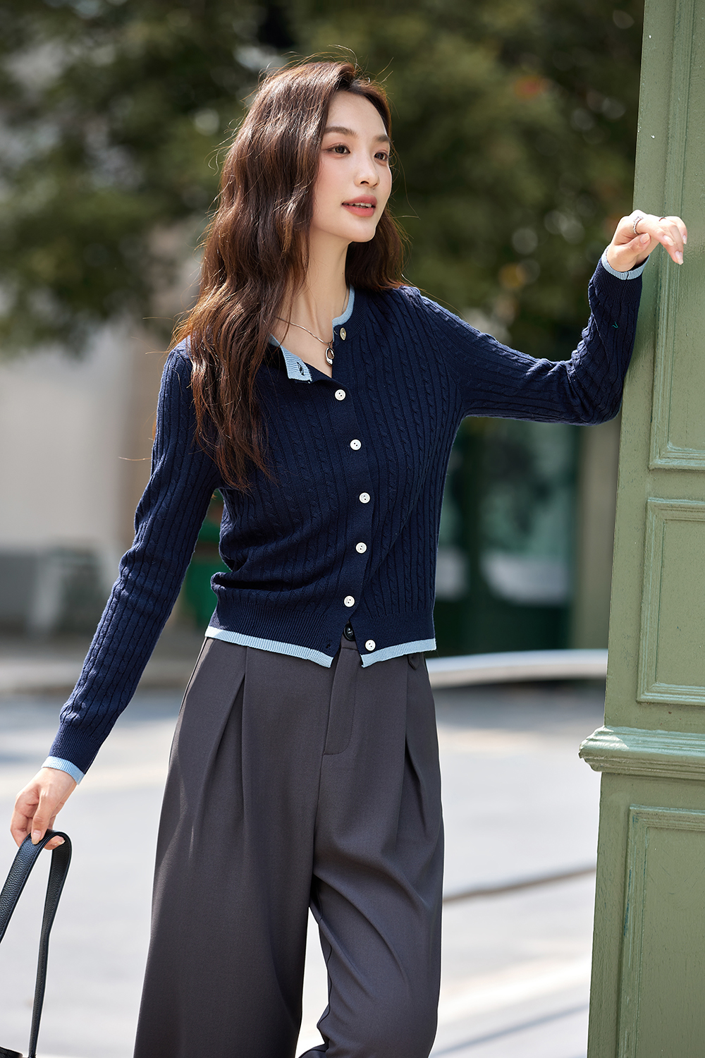 Color-Block Ribbed Knit Cardigan with Faux Underlayer-VIMLYSTORE