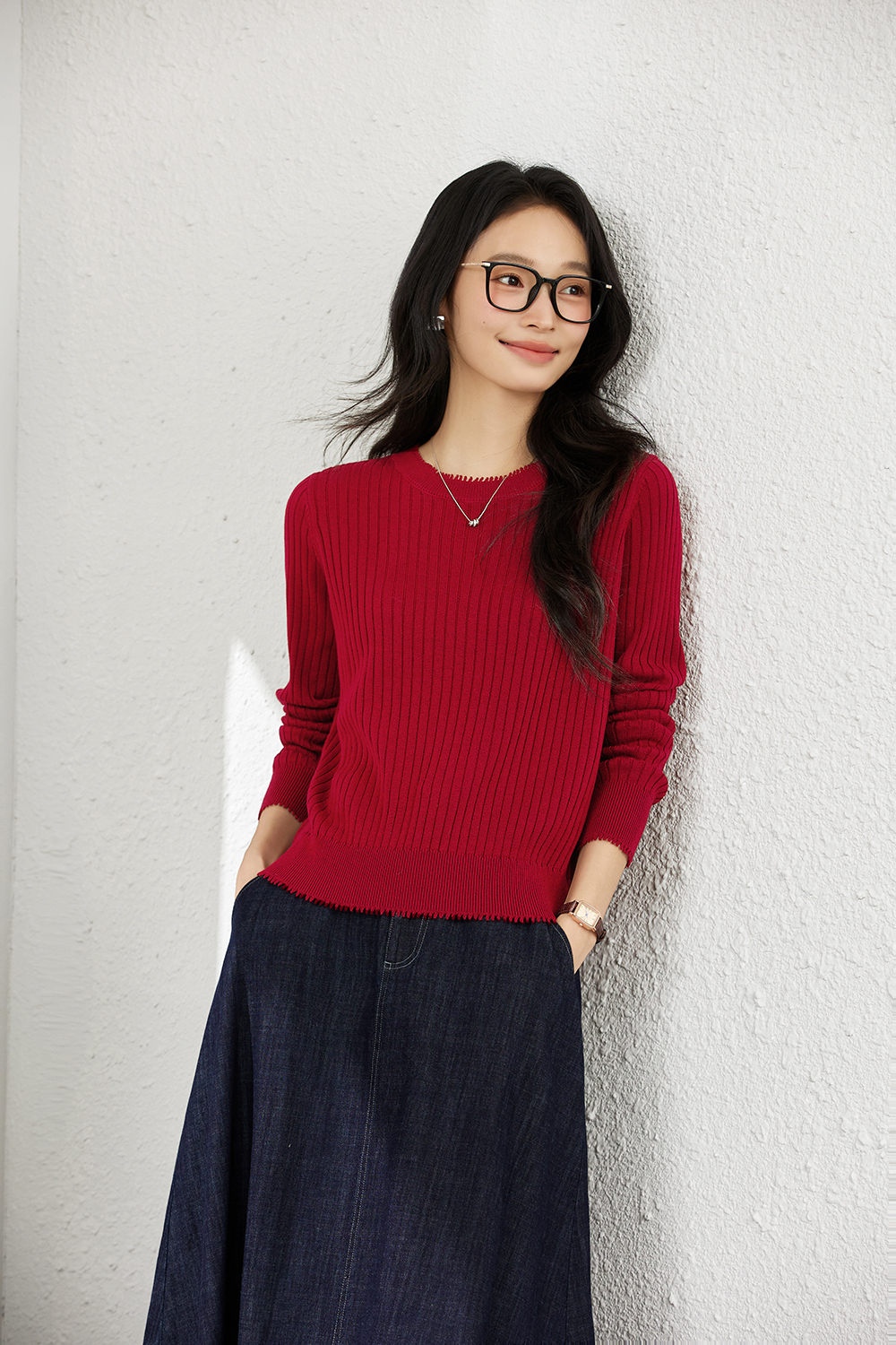 Ribbed Wool Blend Loose Round Neck Knitted Top-VIMLYSTORE