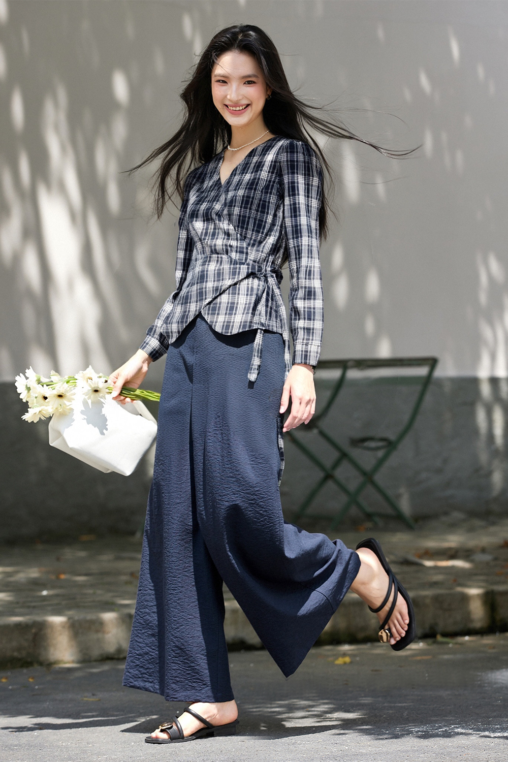 Blue plaid shirt and wide-leg pants-VIMLYSTORE