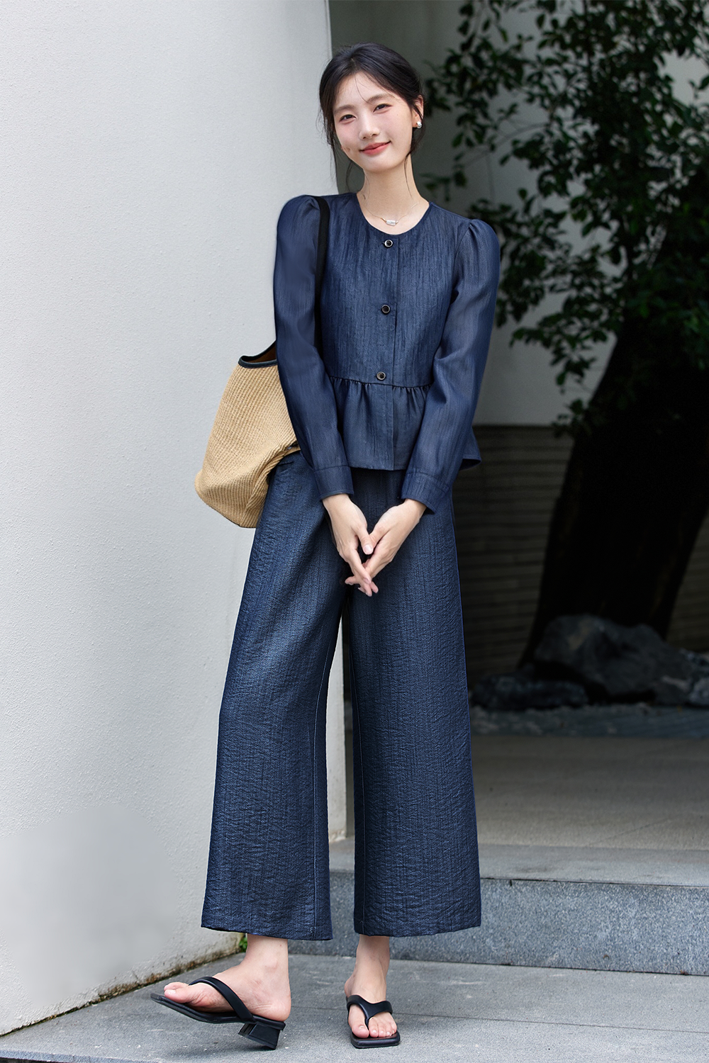Navy Fluid-Knit Top & Wide-Leg Pants Coordinated Set-VIMLYSTORE