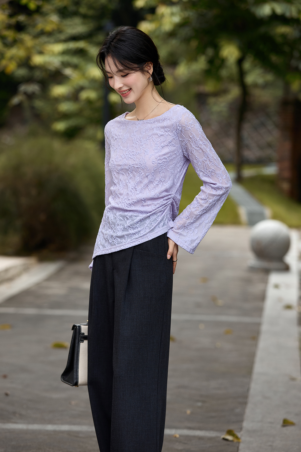 Lace-Trimmed Boatneck Top with Smocked Waist-VIMLYSTORE