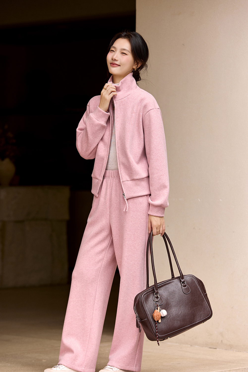 Pink stand collar zipper tracksuit